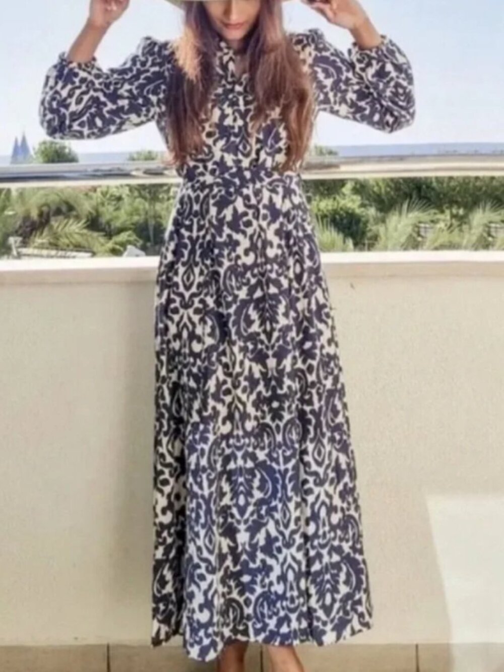 Zara Emilie Printed Blue & White Damask Long Sleeve Belted Midi Shirt Dress L